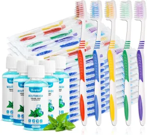 100pcs Bulk Toothbrushes & 100pcs Travel Size Mouthwash, Fresh Mint, Individually Wrapped, Colorful, Disposable, Manual, Adult, Alcohol Free, Natural, Portable