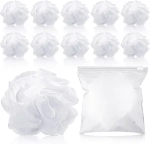 12 Pcs Travel Size Loofah Individually Wrapped, Small Shower Puff Bath Sponge Pouf Ball Bulk Mesh Bath Puff Mini Loofah Sponge with Case Bulk for Shower Care(White)