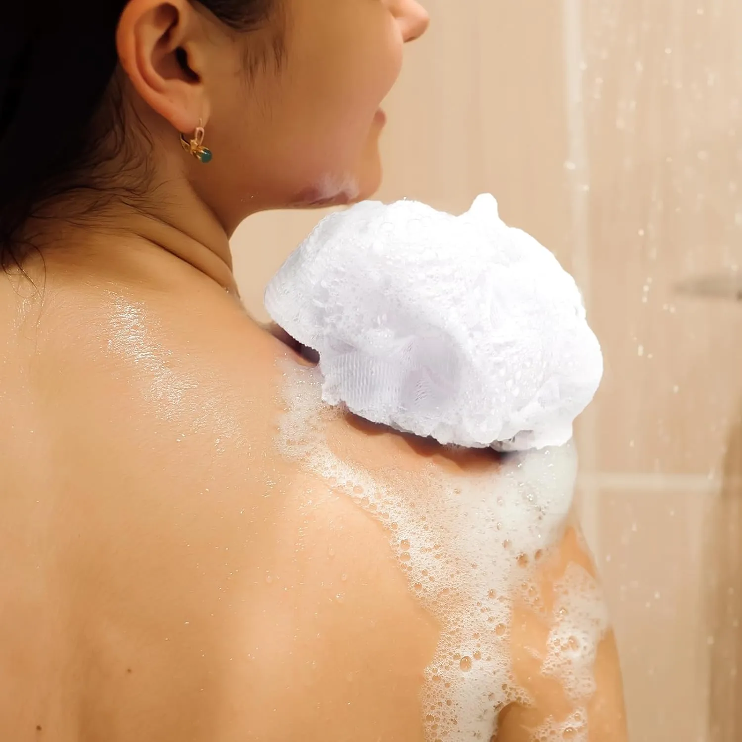 12 Pcs Travel Size Loofah Individually Wrapped, Small Shower Puff Bath Sponge Pouf Ball Bulk Mesh Bath Puff Mini Loofah Sponge with Case Bulk for Shower Care(White)