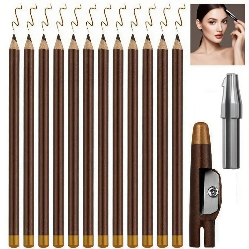 12 PCS Wooden Hard-Core Eyebrow Pencils for Women, 2025 Upgrade 2 in 1 Eyeliner and Eyebrow Pencil, Waterproof and Sweat-Proof Dark Brown Eyebrow Pencil Set with Sharpener for Beginner (Dark brown)