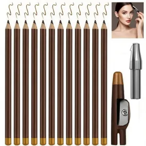 12 PCS Wooden Hard-Core Eyebrow Pencils for Women, 2025 Upgrade 2 in 1 Eyeliner and Eyebrow Pencil, Waterproof and Sweat-Proof Dark Brown Eyebrow Pencil Set with Sharpener for Beginner (Dark brown)