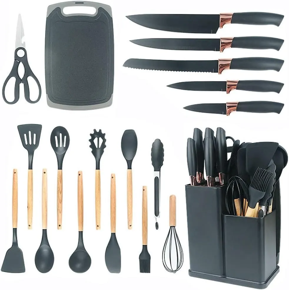 19 Piece Silicone Kitchen Utensil Set with Storage Bucket Non-Stick Cookware Tools, Camping Chef Kit, Food Grade Heat Resistant Silicone and Rust-Proof Coating