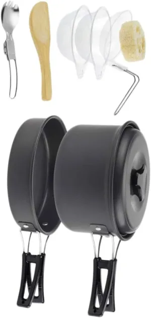 1set Portable Camping Cookware for People Outdoor Pots and Cutlery for Hiking Picnic and Bbq Activities Black Color Essential Camping Accessories