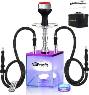 2 Hose Hookah – Square Hookah Chicha Set with Everything, Travel Hookah Kit with LED Lights and Portable Bag（Purple）
