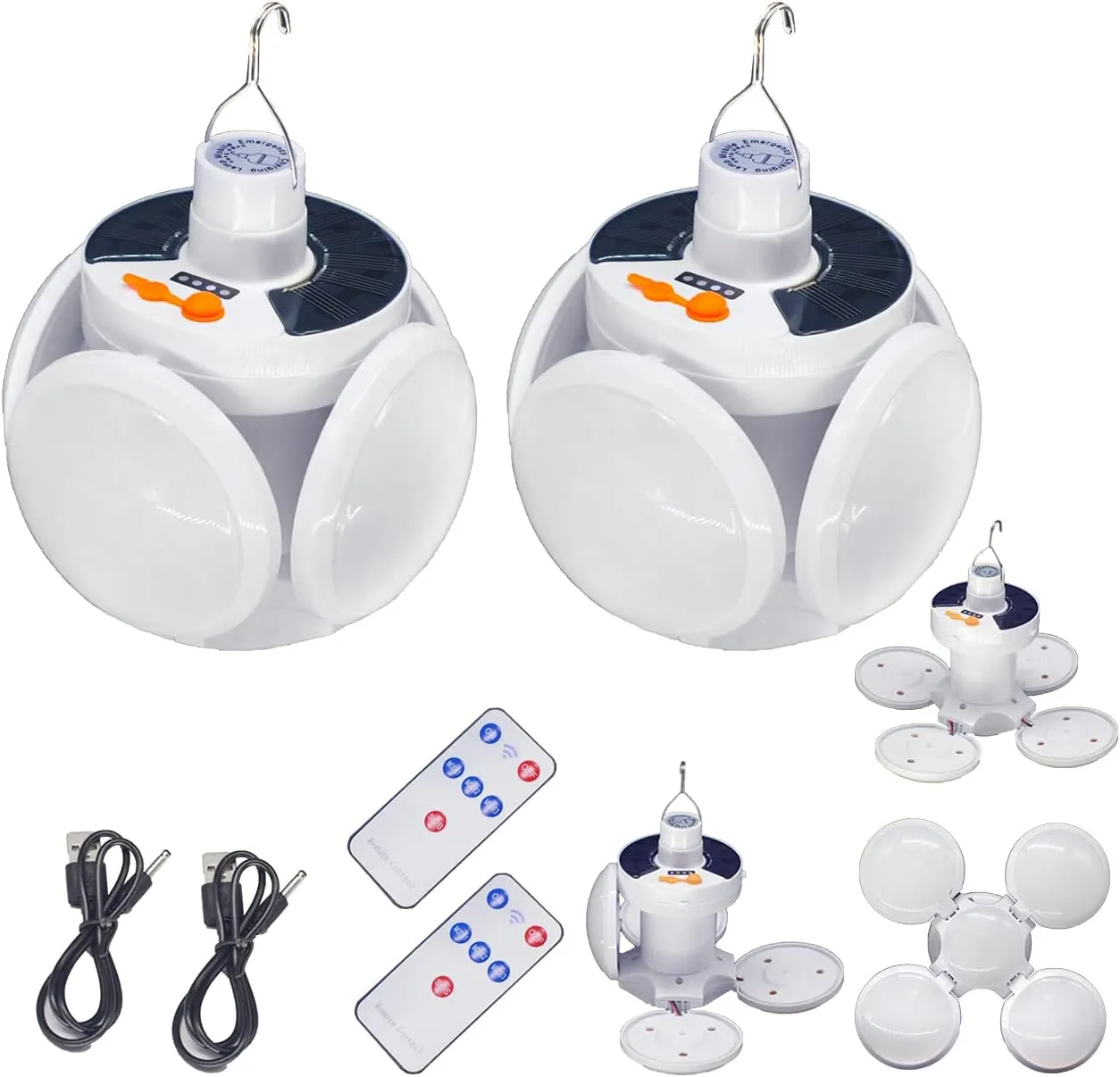 2 in 1 Folding Solar Lamp Remote Control Camping LED Lantern Blub 45LED Tent Lights 5 Mode USB Rechargeable Foldable Portable Hooked Hanging Flashlight Outdoor Fishing Emergency Power Outage 2 Pack
