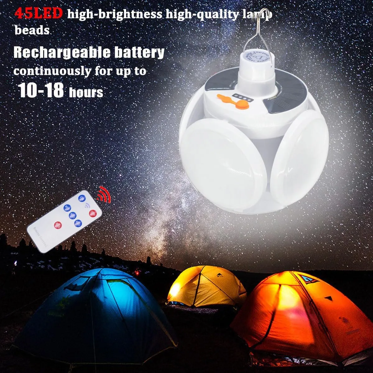 2 in 1 Folding Solar Lamp Remote Control Camping LED Lantern Blub 45LED Tent Lights 5 Mode USB Rechargeable Foldable Portable Hooked Hanging Flashlight Outdoor Fishing Emergency Power Outage 2 Pack
