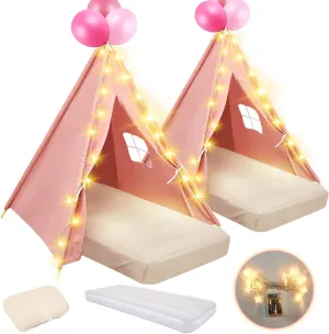 2 Pack Kids Teepee Tent with Mattress,Fitted Sheet,Light String,Washable Natural Cotton Toddler Play Tent for Girls Boys Indoor Outdoor Sleepover Slumber Birthday Party(Pink)