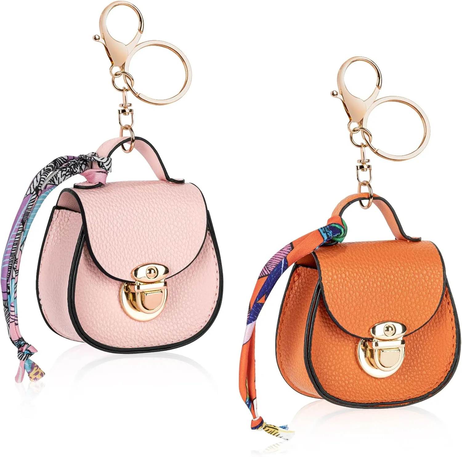 2 PACK Mini Backpack Keychain, Cute Cosmetic Bag for Purse with Wrist Strap, PU Leather Makeup Bag Headphone Pouch for Girls Women, Birthday/Party/Christmas Gifts (Round)