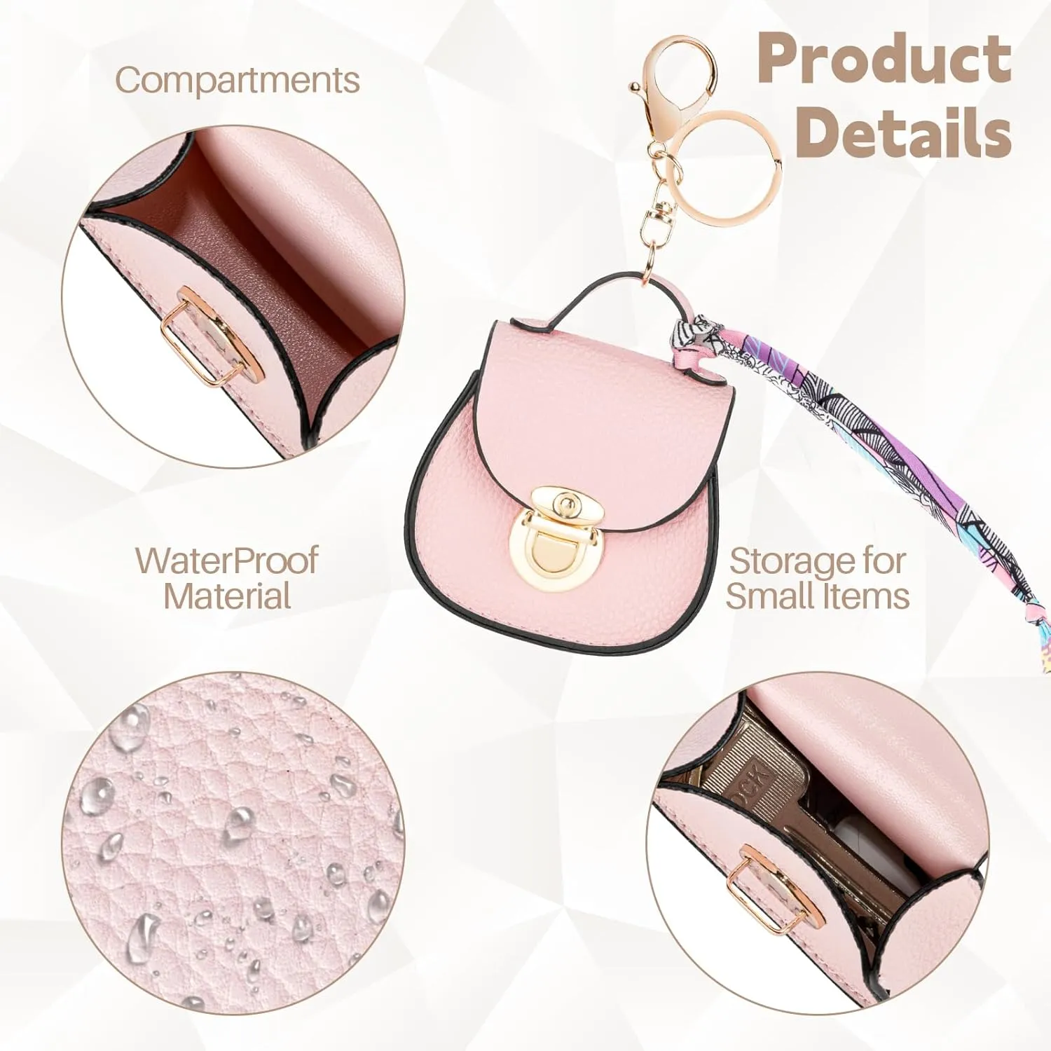 2 PACK Mini Backpack Keychain, Cute Cosmetic Bag for Purse with Wrist Strap, PU Leather Makeup Bag Headphone Pouch for Girls Women, Birthday/Party/Christmas Gifts (Round)