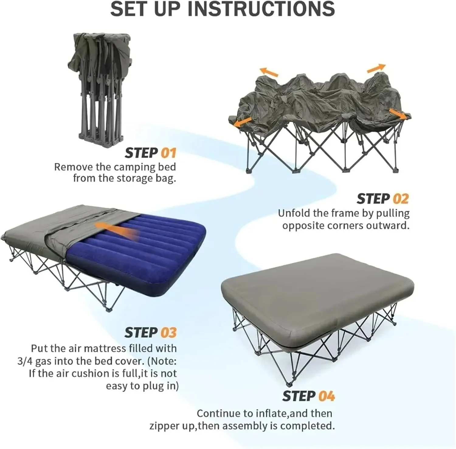 2 Person Camping Cot, Folding Camping Bed with Inflatable Air Mattress and Carry Bag (not Included The Airpump)(Dark Blue-Queen)