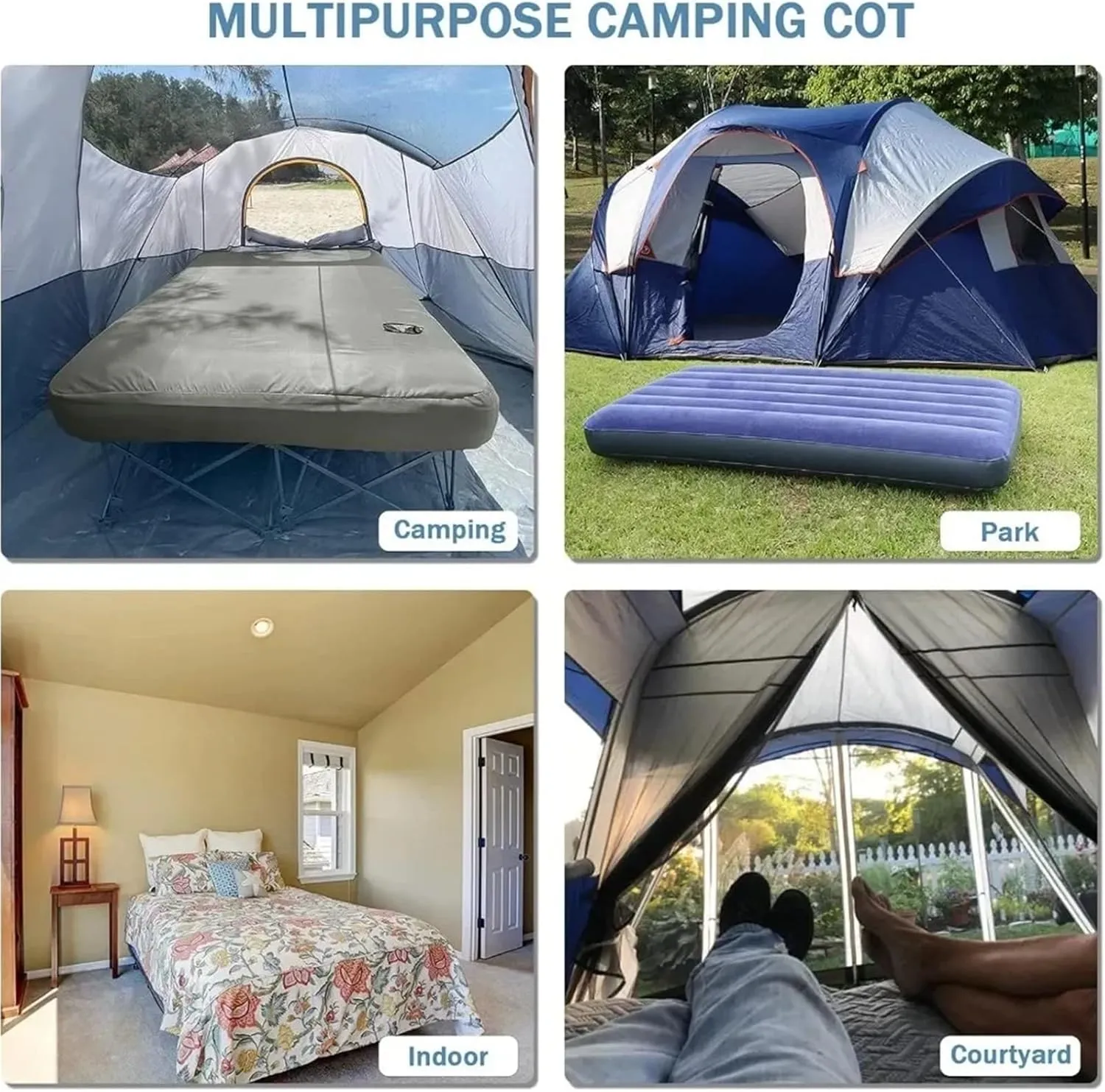 2 Person Camping Cot, Folding Camping Bed with Inflatable Air Mattress and Carry Bag (not Included The Airpump)(Dark Blue-Queen)