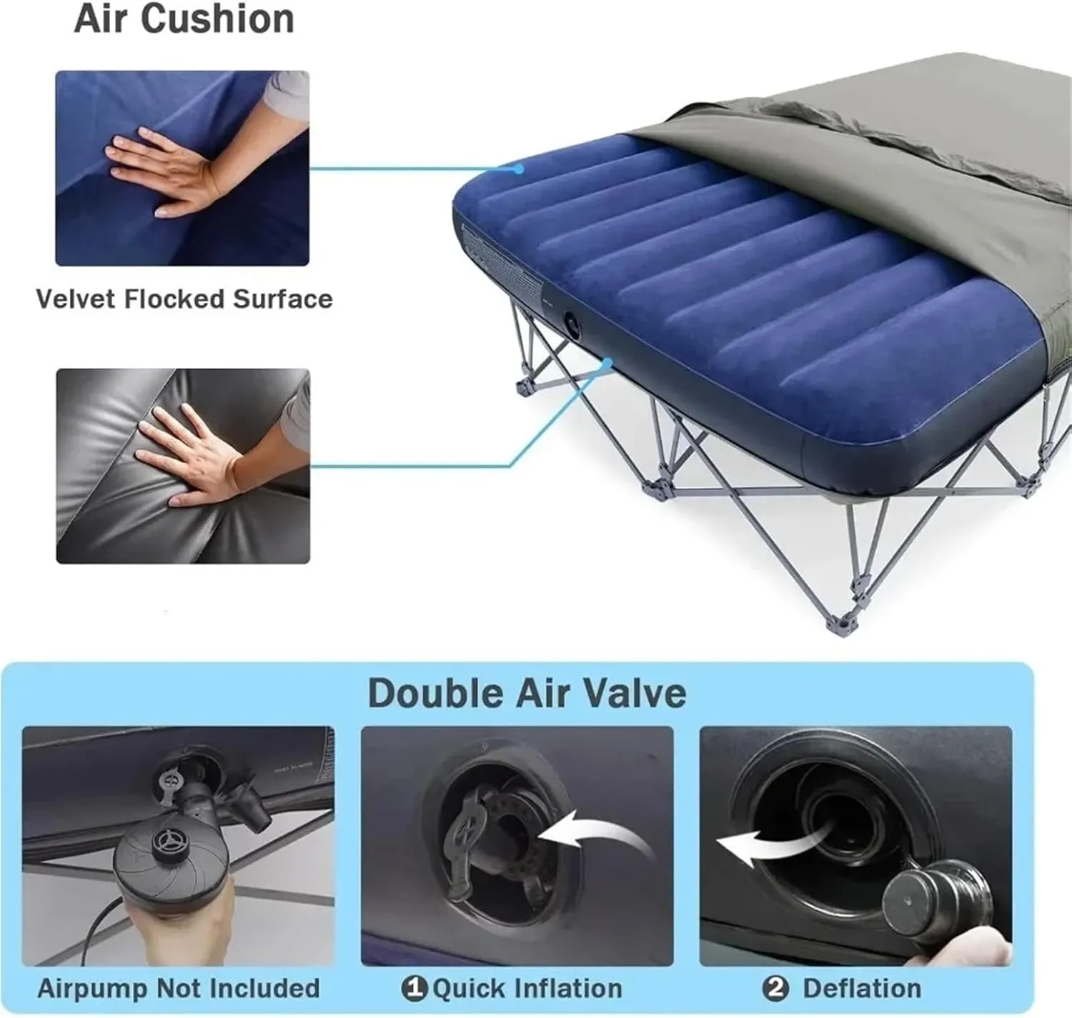 2 Person Camping Cot, Folding Camping Bed with Inflatable Air Mattress and Carry Bag (not Included The Airpump)(Dark Blue-Queen)