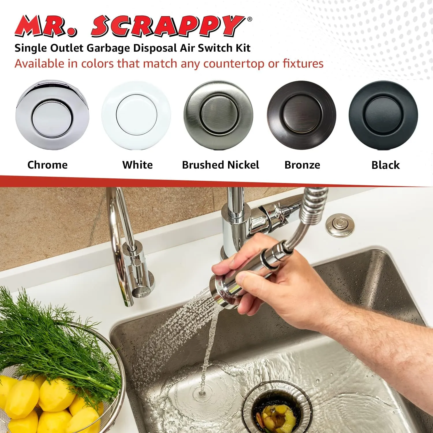 20-MSAS-65 Single Outlet Garbage Disposal Air Switch, Kitchen Sink Top On and Off Kit for Waste Disposers, Includes Button, Tubing, 120V Power Module, and Hardware, Chrome