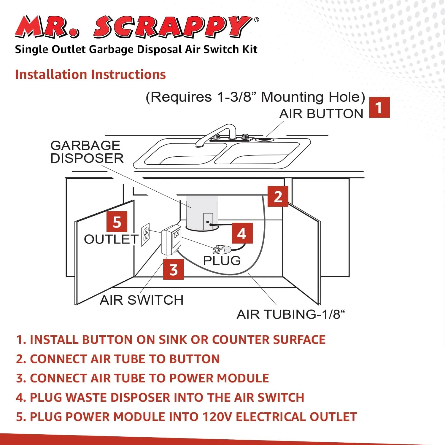 20-MSAS-65 Single Outlet Garbage Disposal Air Switch, Kitchen Sink Top On and Off Kit for Waste Disposers, Includes Button, Tubing, 120V Power Module, and Hardware, Chrome