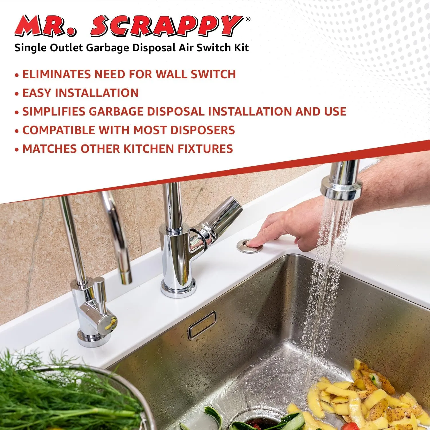 20-MSAS-65 Single Outlet Garbage Disposal Air Switch, Kitchen Sink Top On and Off Kit for Waste Disposers, Includes Button, Tubing, 120V Power Module, and Hardware, Chrome