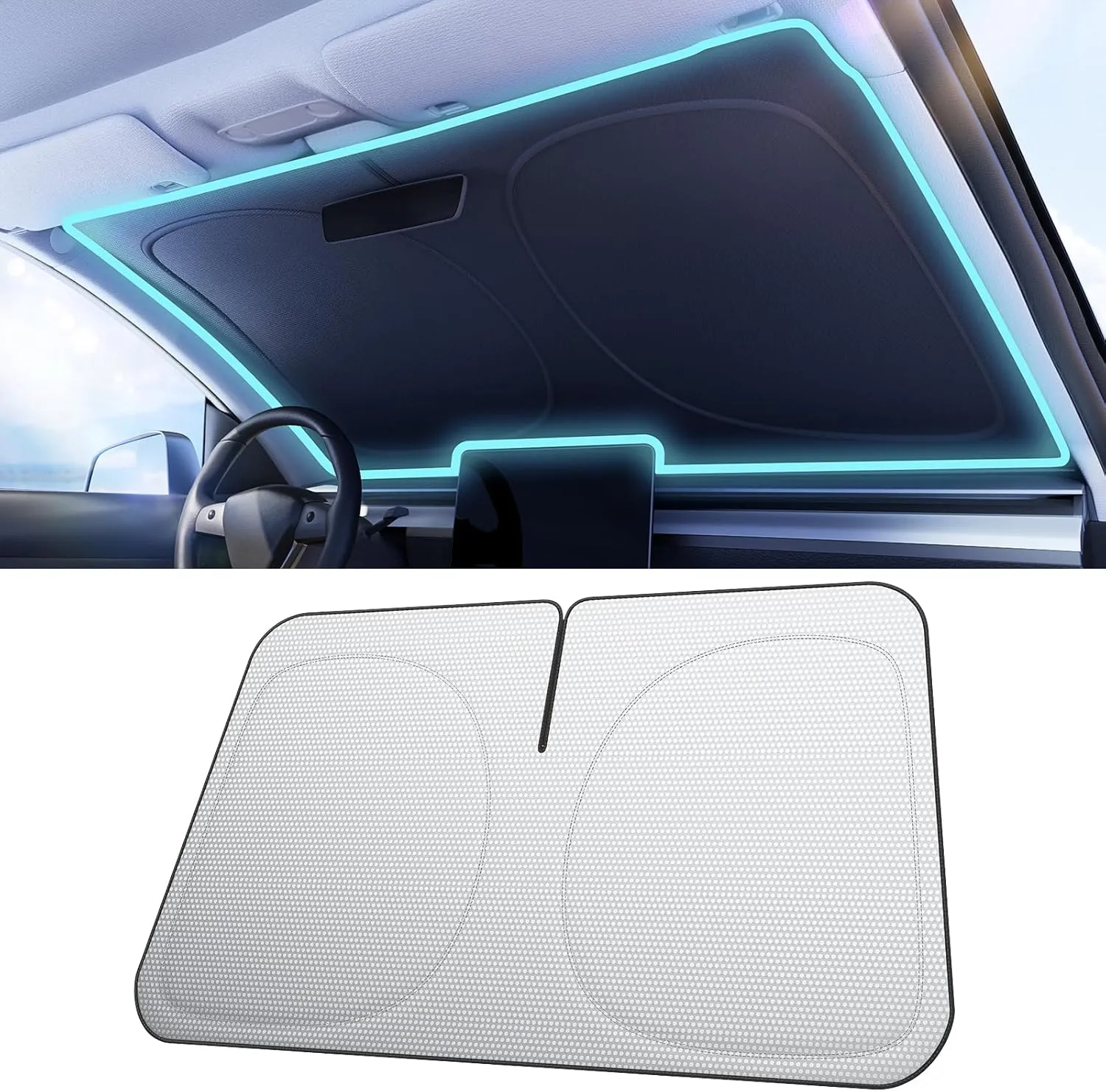 [2025 Upgraded] Nmoiss Car Windshield Sun Shade [Dot Matrix Reflective Coating] Extended Edge No Light Leakage Design Cooling Protect Car Interior from UV Damage Medium