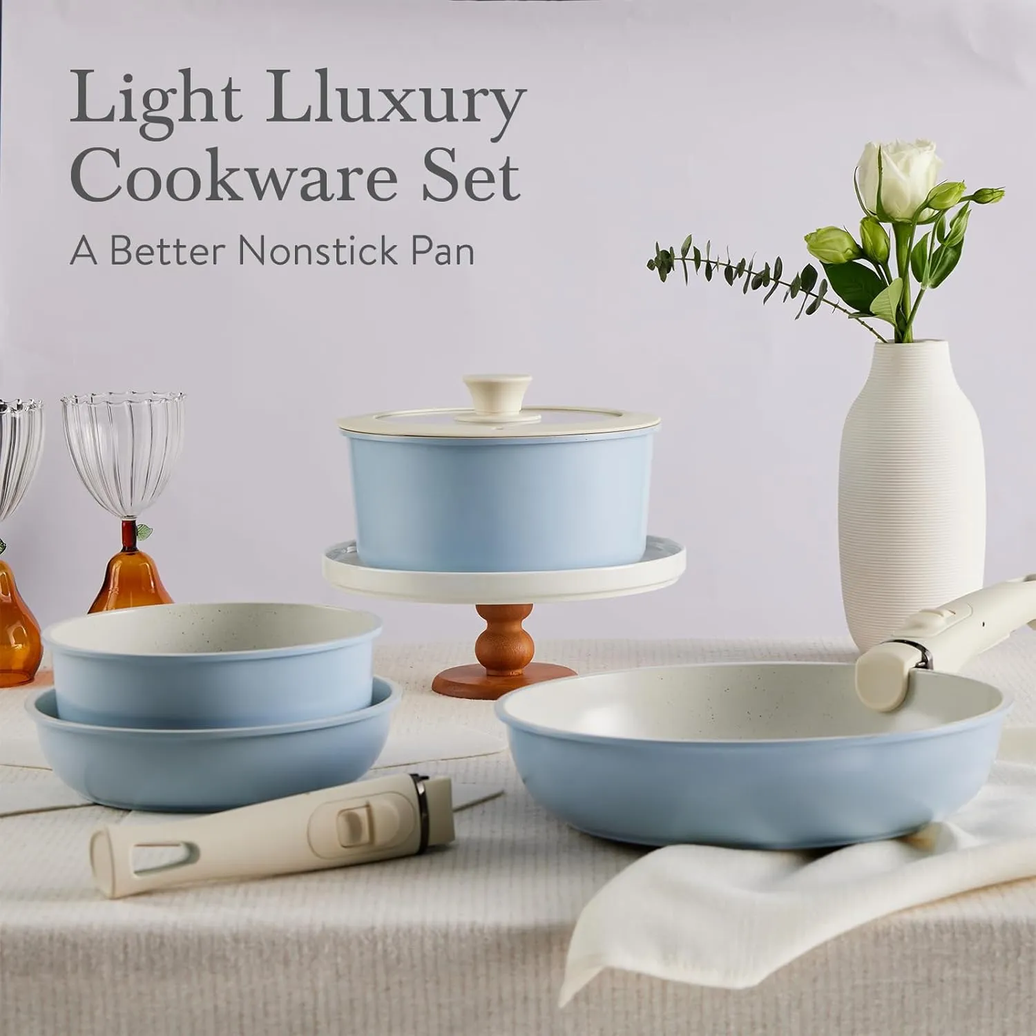 21 Pcs Ceramic kitchen Cookware Set,Nonstick Pots and Pans with Removable Handles Stackable Camping Cookware Dishwasher&Oven Safe Frying Pan,Blue