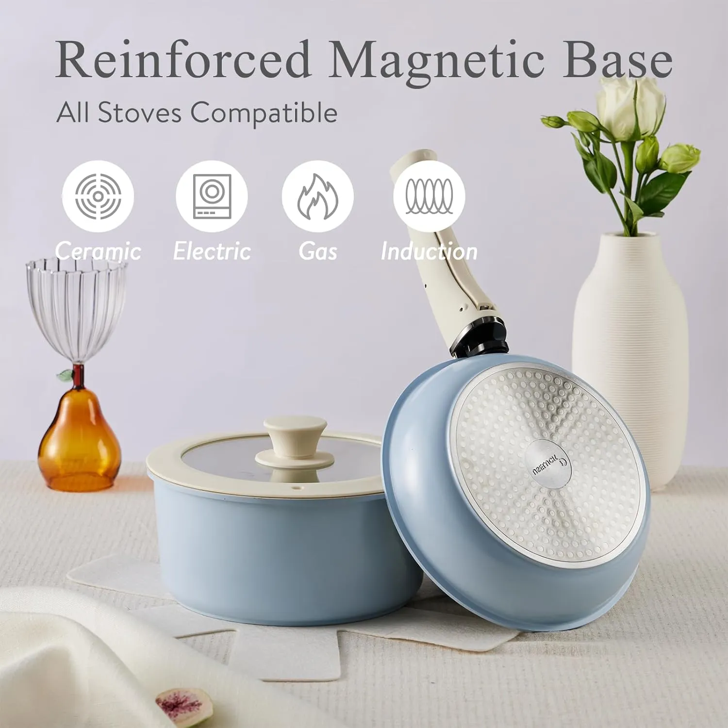 21 Pcs Ceramic kitchen Cookware Set,Nonstick Pots and Pans with Removable Handles Stackable Camping Cookware Dishwasher&Oven Safe Frying Pan,Blue