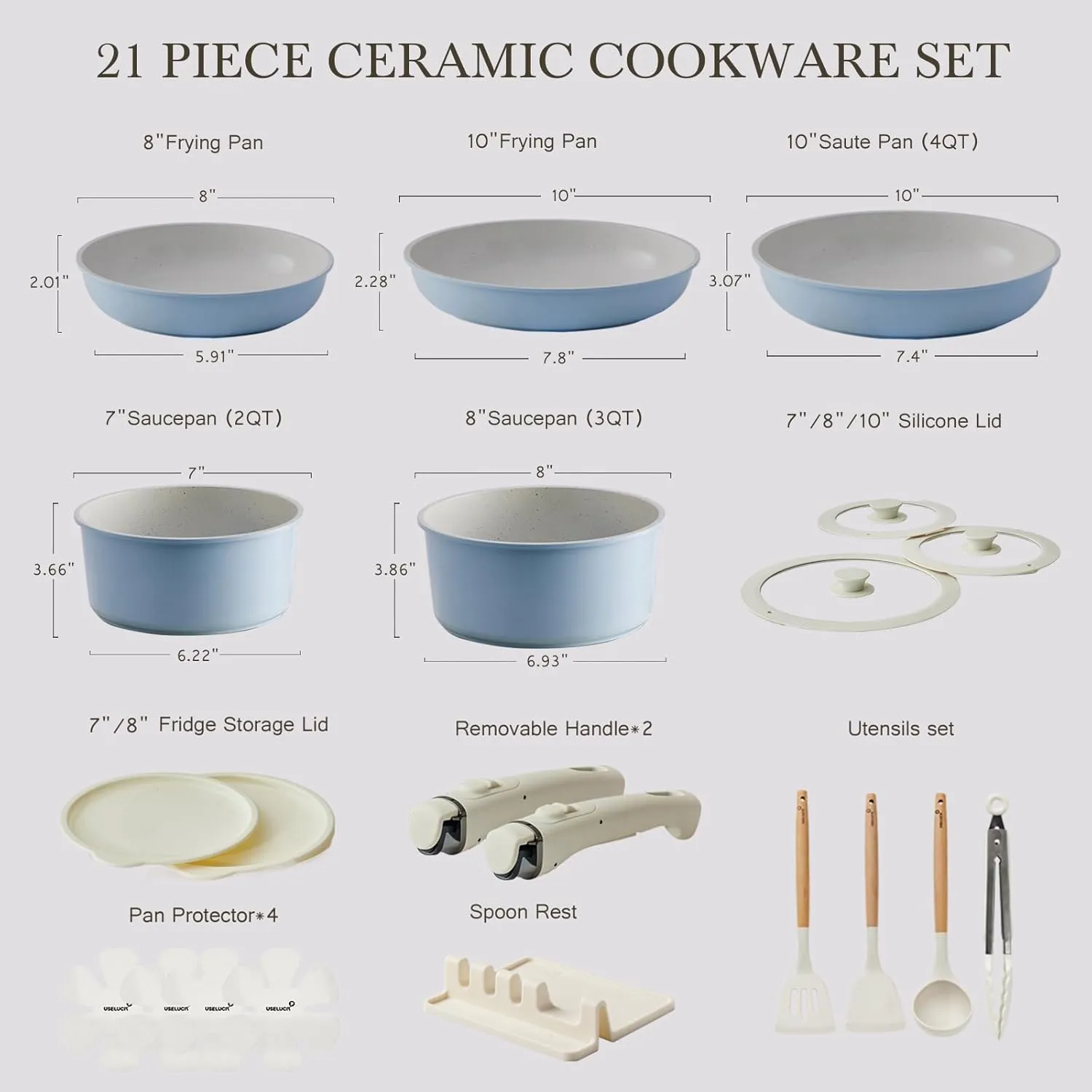 21 Pcs Ceramic kitchen Cookware Set,Nonstick Pots and Pans with Removable Handles Stackable Camping Cookware Dishwasher&Oven Safe Frying Pan,Blue