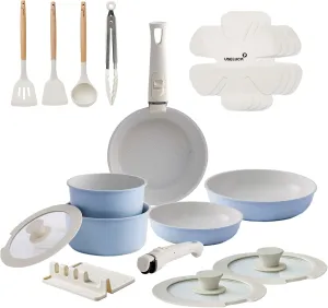 21 Pcs Ceramic kitchen Cookware Set,Nonstick Pots and Pans with Removable Handles Stackable Camping Cookware Dishwasher&Oven Safe Frying Pan,Blue