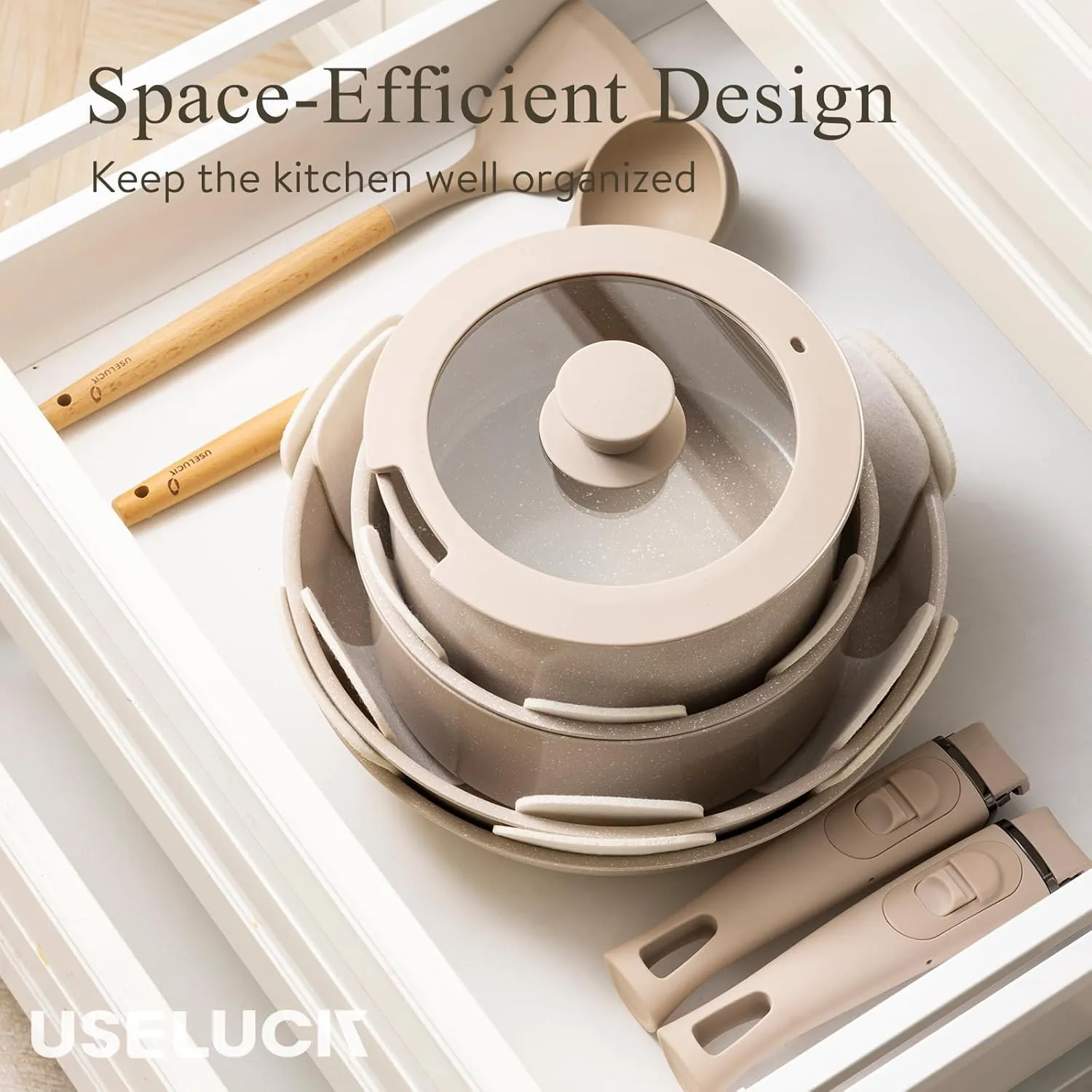 21 Pcs Ceramic kitchen Cookware Set,Nonstick Pots and Pans with Removable Handles Stackable Camping Cookware Dishwasher&Oven Safe Frying Pan,Taupe
