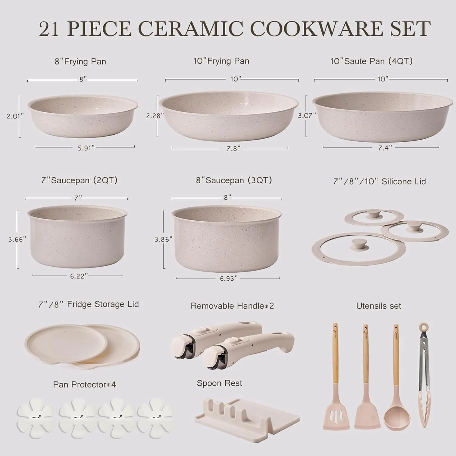 21 Pcs Ceramic kitchen Cookware Set,Nonstick Pots and Pans with Removable Handles Stackable Camping Cookware Dishwasher&Oven Safe Frying Pan,Taupe