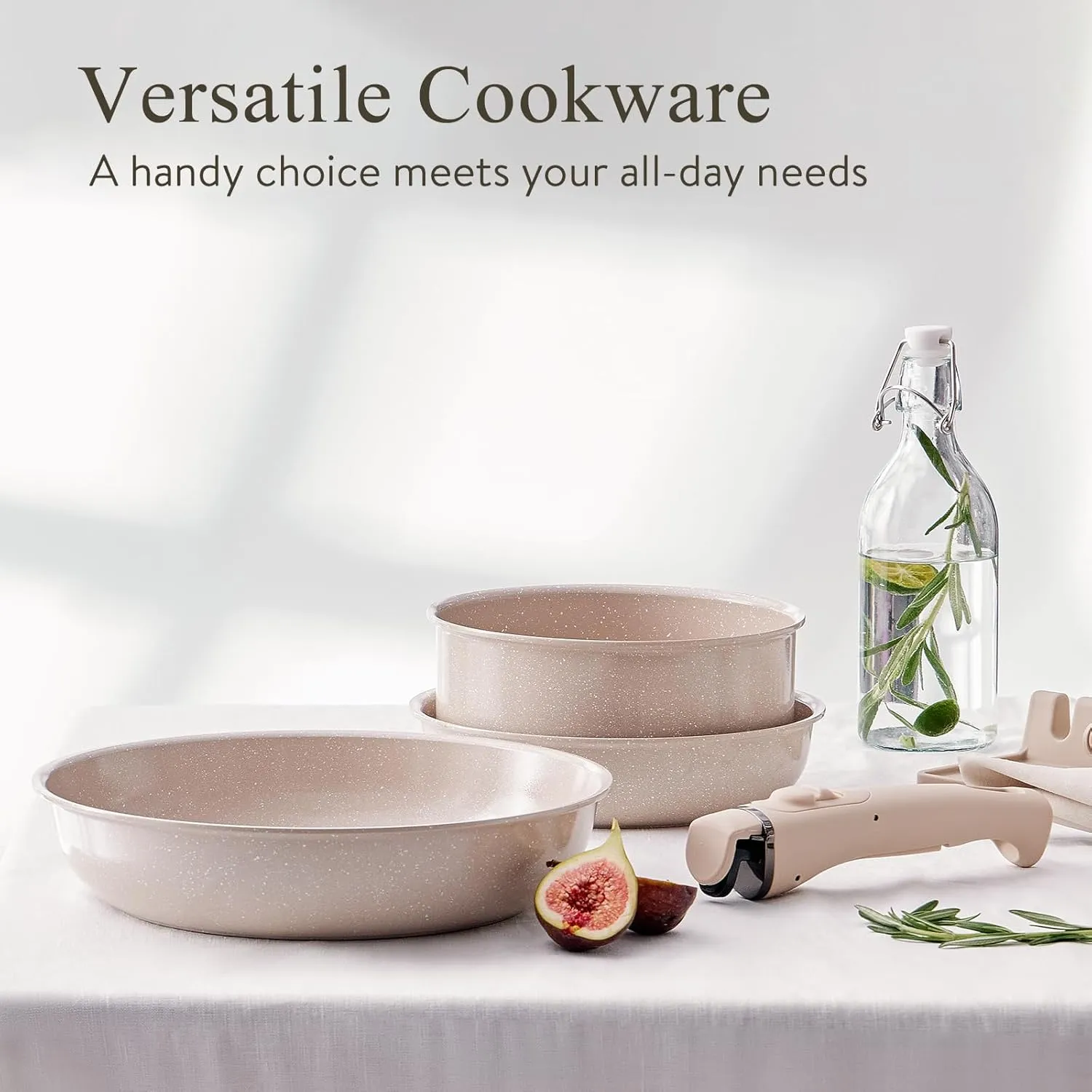 21 Pcs Ceramic kitchen Cookware Set,Nonstick Pots and Pans with Removable Handles Stackable Camping Cookware Dishwasher&Oven Safe Frying Pan,Taupe