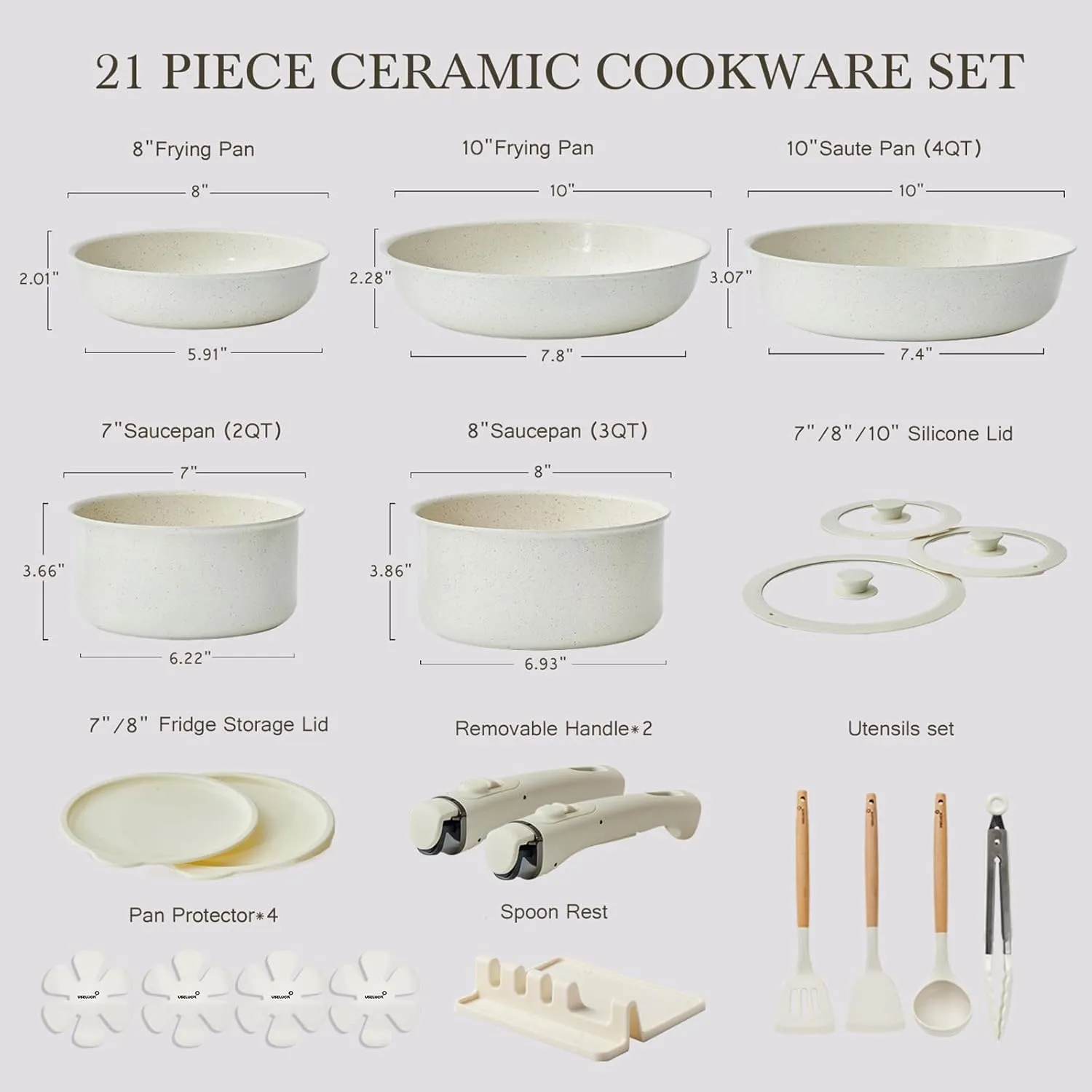 21 Pcs Pots and Pans Set Non Stick Ceramic kitchen Cookware Set Detachable/Removable Handles,Oven Safe, Induction Dishwasher, Stackable Non-stick Set,Cream White