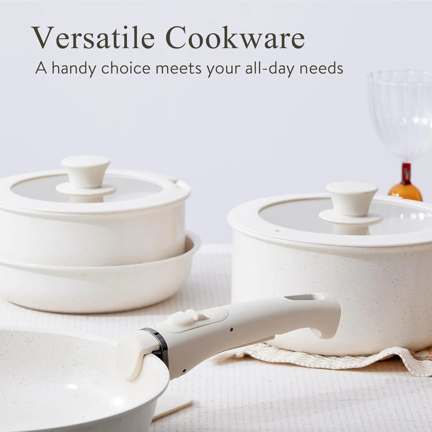 21 Pcs Pots and Pans Set Non Stick Ceramic kitchen Cookware Set Detachable/Removable Handles,Oven Safe, Induction Dishwasher, Stackable Non-stick Set,Cream White