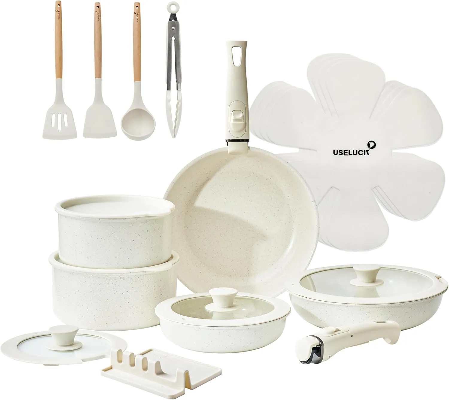 21 Pcs Pots and Pans Set Non Stick Ceramic kitchen Cookware Set Detachable/Removable Handles,Oven Safe, Induction Dishwasher, Stackable Non-stick Set,Cream White