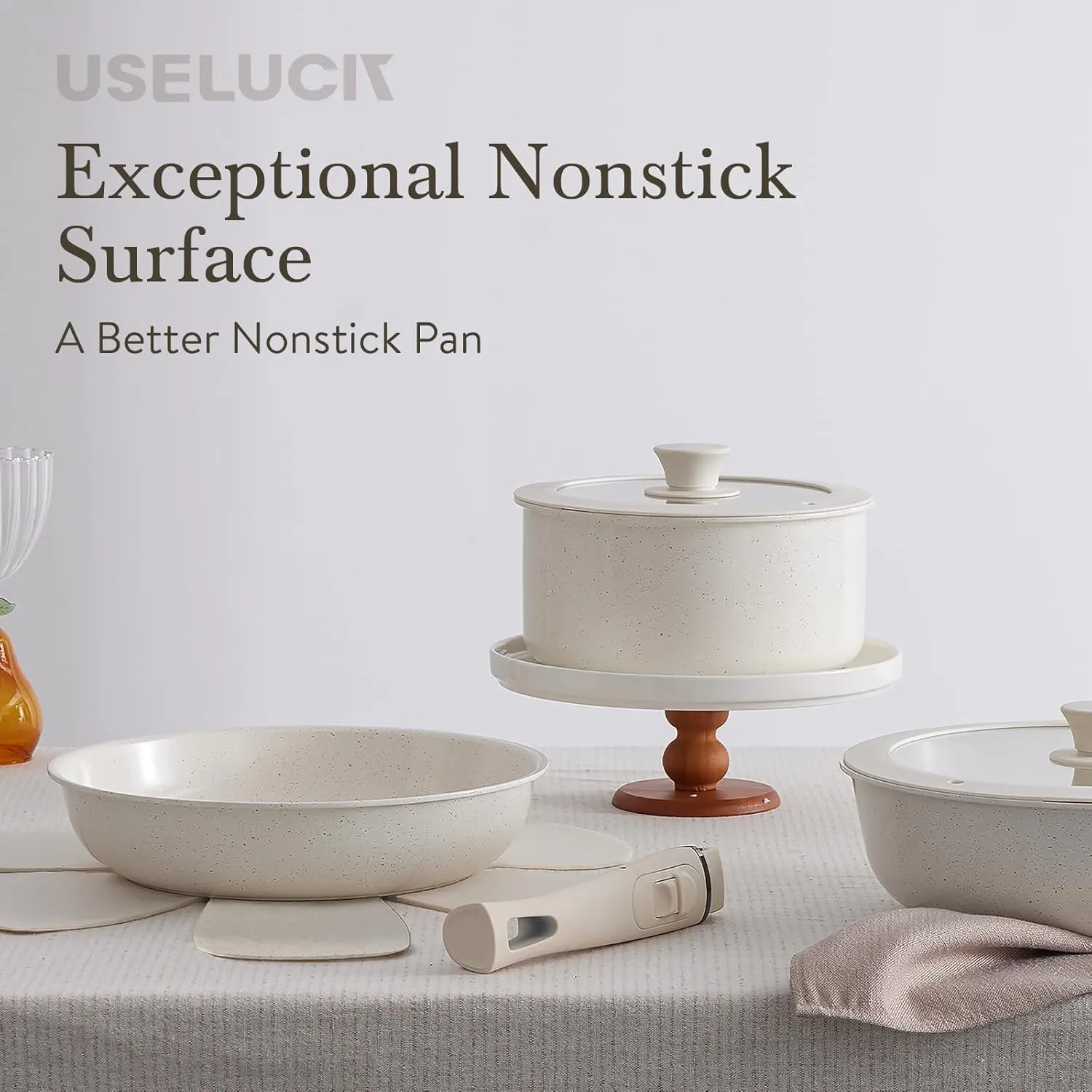 21 Pcs Pots and Pans Set Non Stick Ceramic kitchen Cookware Set Detachable/Removable Handles,Oven Safe, Induction Dishwasher, Stackable Non-stick Set,Cream White