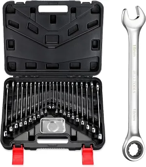 22-Piece Ratchet Wrenches Chrome Vanadium Steel Ratcheting Wrench Set with Metric and SAE 72-Tooth Box End and Open End Standard Wrench Set with Organizer Box