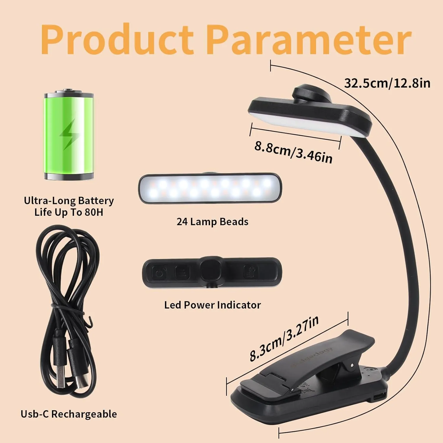 24 Led Rechargeable Book Light For Reading In Bed-Eye Caring 3 Color Temperatures,80 Hrs Runtime Lightweight Clip-On Lamp, Perfect For Kids, Book Lovers, And Student Gifts (Black, Rotating)