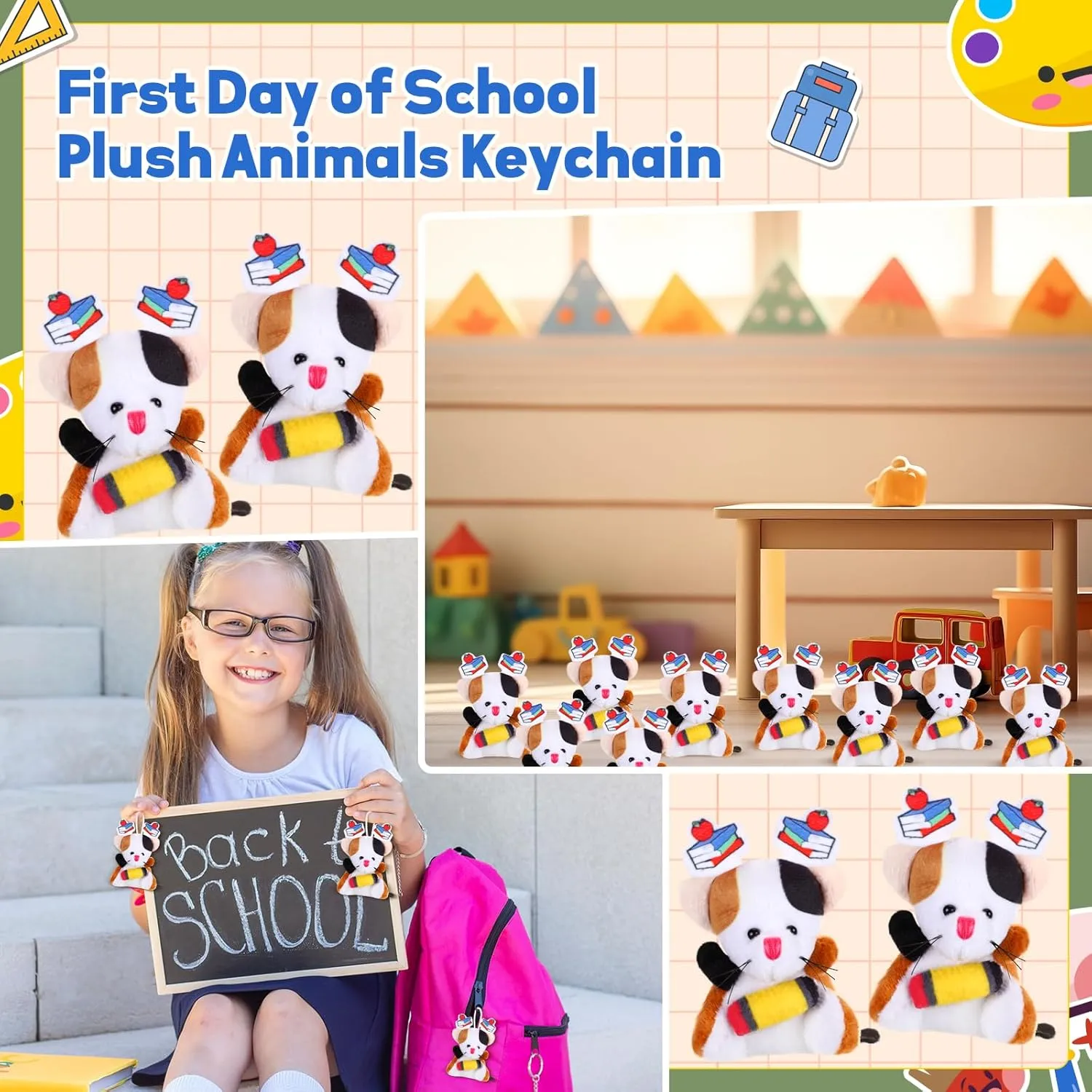 24 Pcs Welcome Back to School Mini Animal Plush Toy Gifts for Students First Day of School Classroom Small Stuffed Animal Bulk for Classroom Prizes Gifts (Cat)