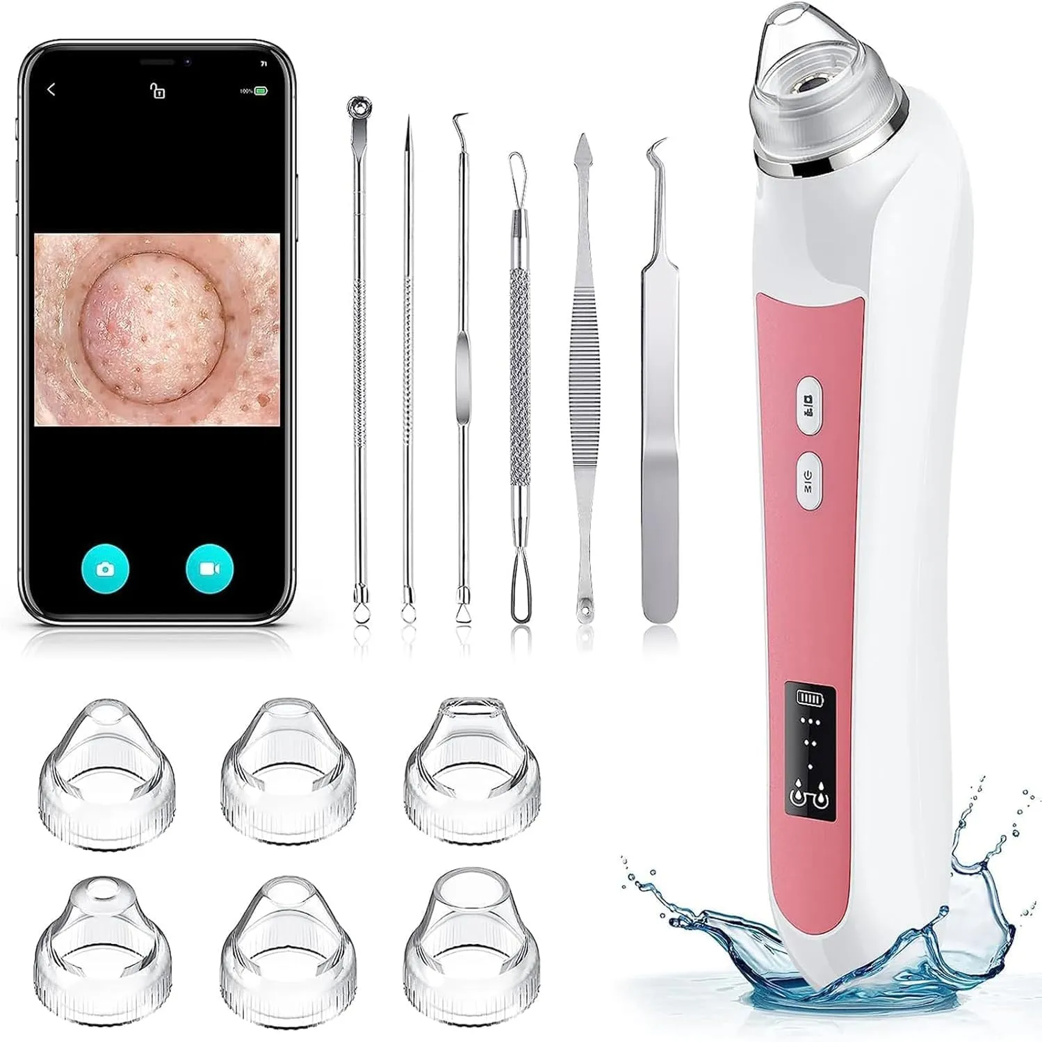 3-in-1 Blackhead Remover Vacuum with Camera kit, 6 Blackhead Extractor & Probes, USB Rechargeable Blackhead Suction Remover, Pore Vacuum Tool, 3 Charcoal Masks & 144 Acne Patches, (Pink)