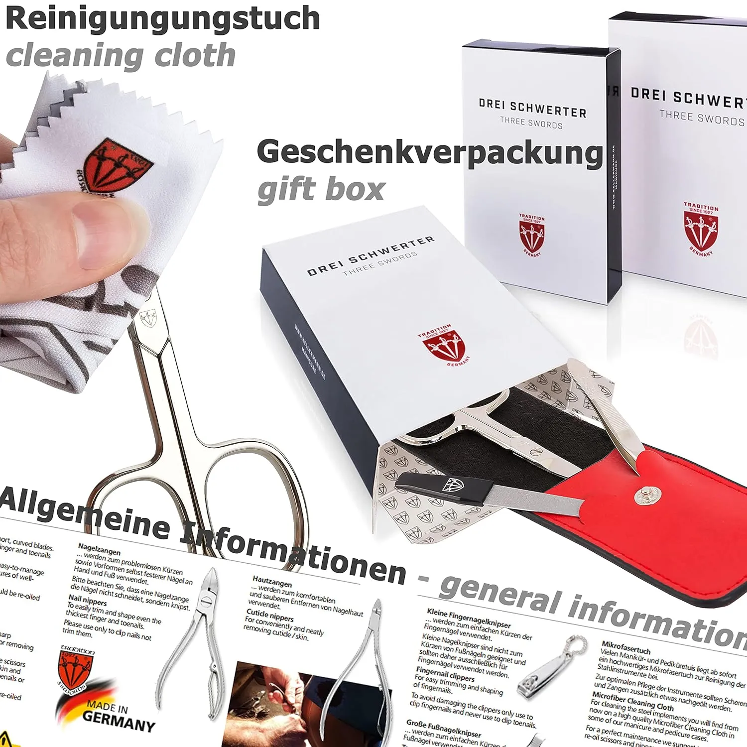 3 Swords Germany - brand quality 5 piece manicure pedicure grooming kit set for professional finger & toe nail care scissors clipper genuine leather white case in gift box, Made in Germany