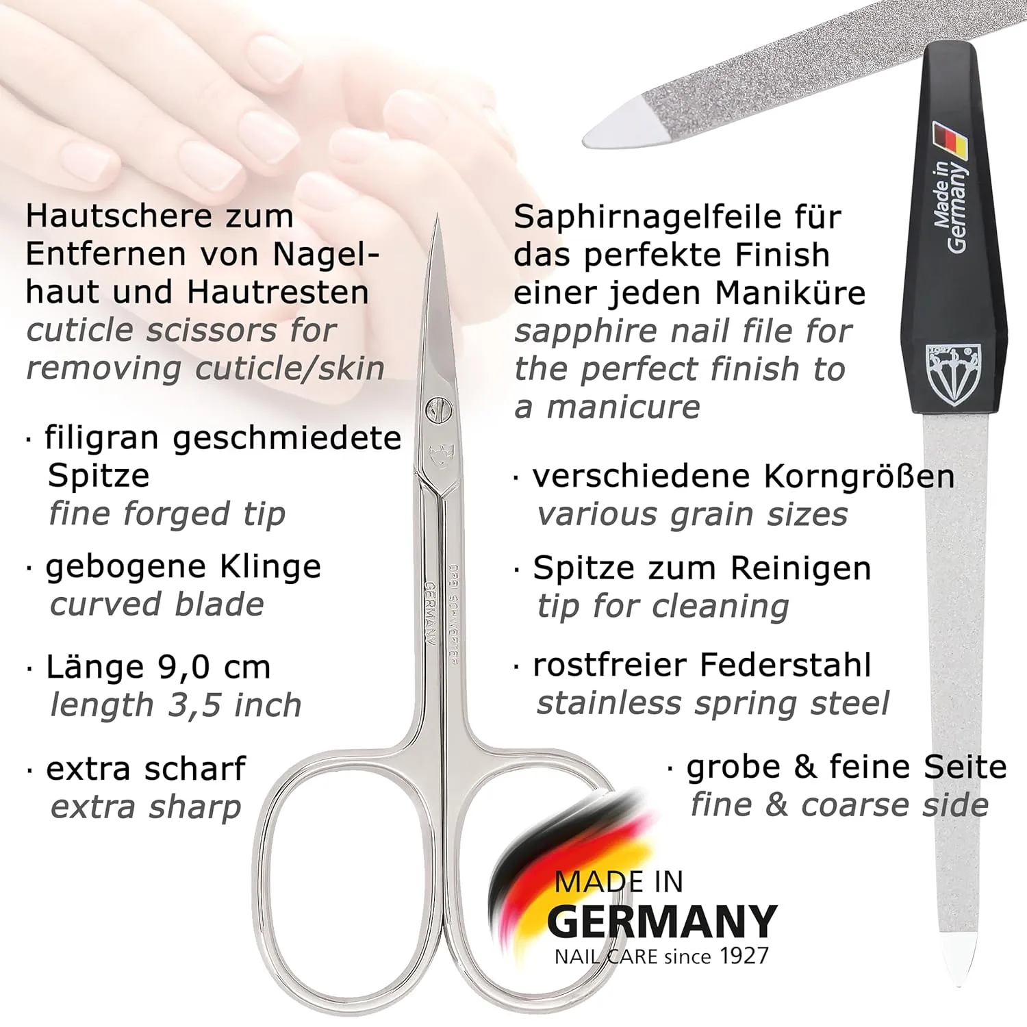3 Swords Germany - brand quality 5 piece manicure pedicure grooming kit set for professional finger & toe nail care scissors clipper genuine leather white case in gift box, Made in Germany