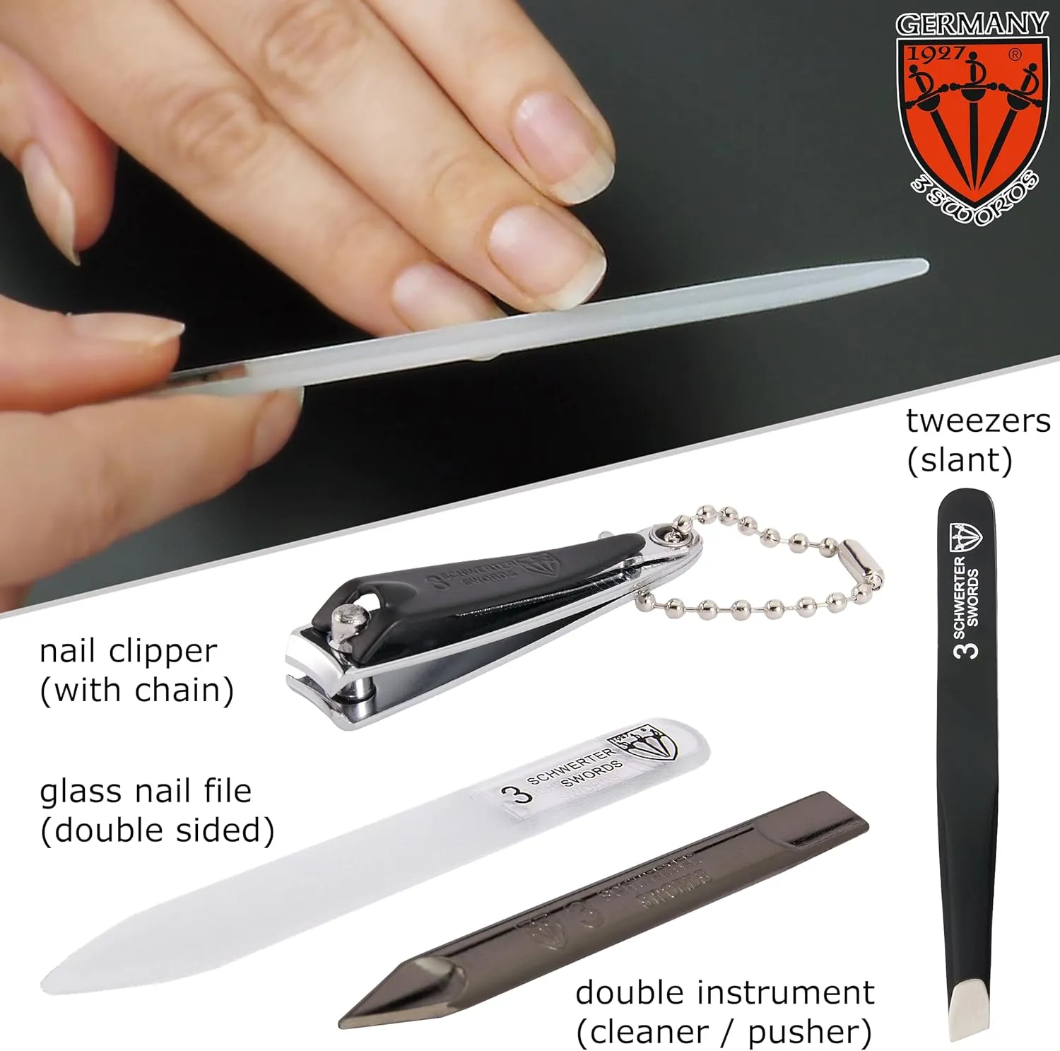3 Swords Germany - Brand Quality 6 Piece Manicure Pedicure Grooming kit Set - Scissors, Metal and Glass Nail File, Clipper, Tweezers with Synthetic Leather case - White/Black Tools