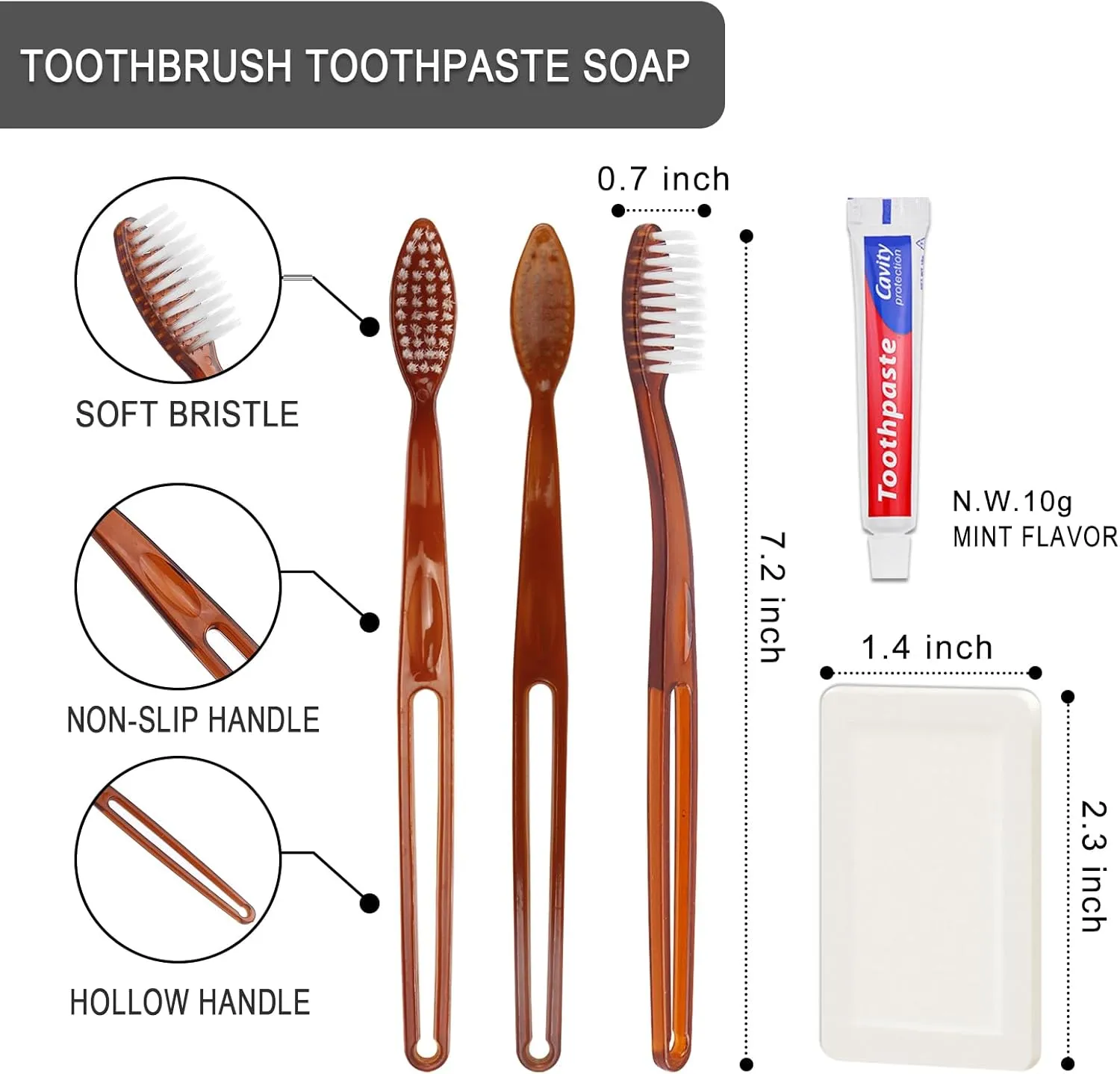 30 Pack Disposable Toothbrushes with Toothpaste and Soap Individually Wrapped, 30 pcs Toothbrushes (2 Colors) with 30 pcs Bar Soap(0.5 oz)
