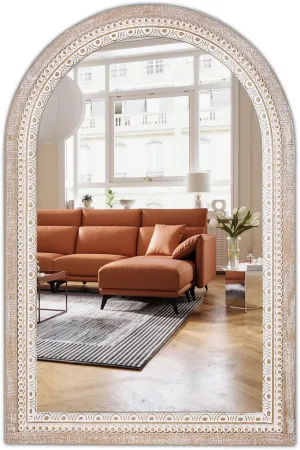 36x24'' Farmhouse Arched Decorative Wall Mirror, Farmhouse Wooden Mirrors with Beaded for Living Room, Hallway, Bathroom, Entryway - Vertical/Horizontal