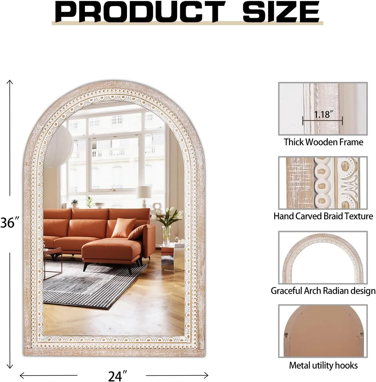 36x24'' Farmhouse Arched Decorative Wall Mirror, Farmhouse Wooden Mirrors with Beaded for Living Room, Hallway, Bathroom, Entryway - Vertical/Horizontal