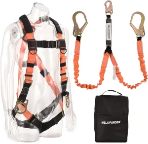 3D-Rings Industrial Fall Protection Safety Harness Kit With Double Leg 6-Foot Shock Absorber Stretch Lanyard ANSI Compliant Personal Fall Arrest System(PFAS)