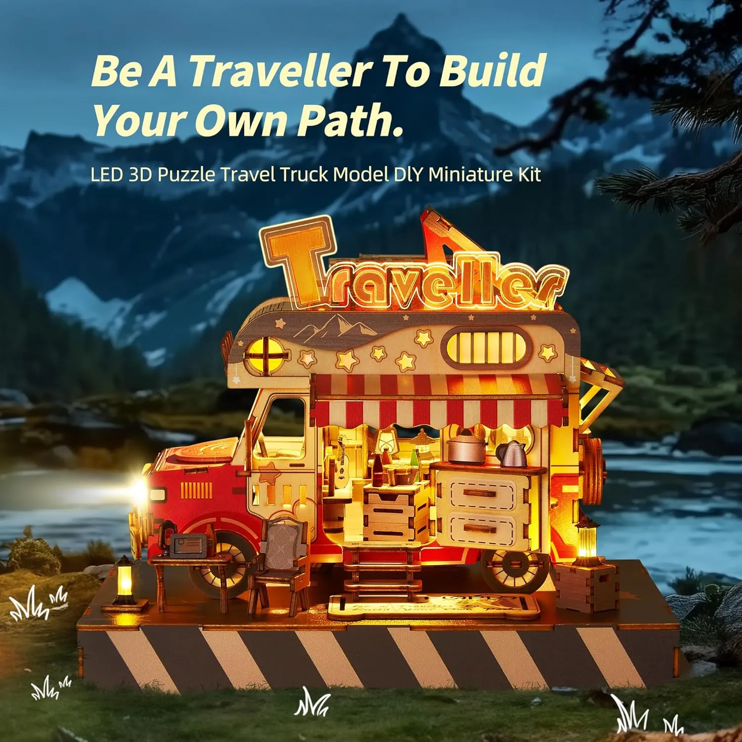 3D Wood Puzzle Travel Truck Model - DIY Miniature Adventure Truck Kit with LED Lights - Creative Gift for Kids and Adults(Travel Truck)