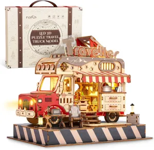 3D Wood Puzzle Travel Truck Model - DIY Miniature Adventure Truck Kit with LED Lights - Creative Gift for Kids and Adults(Travel Truck)