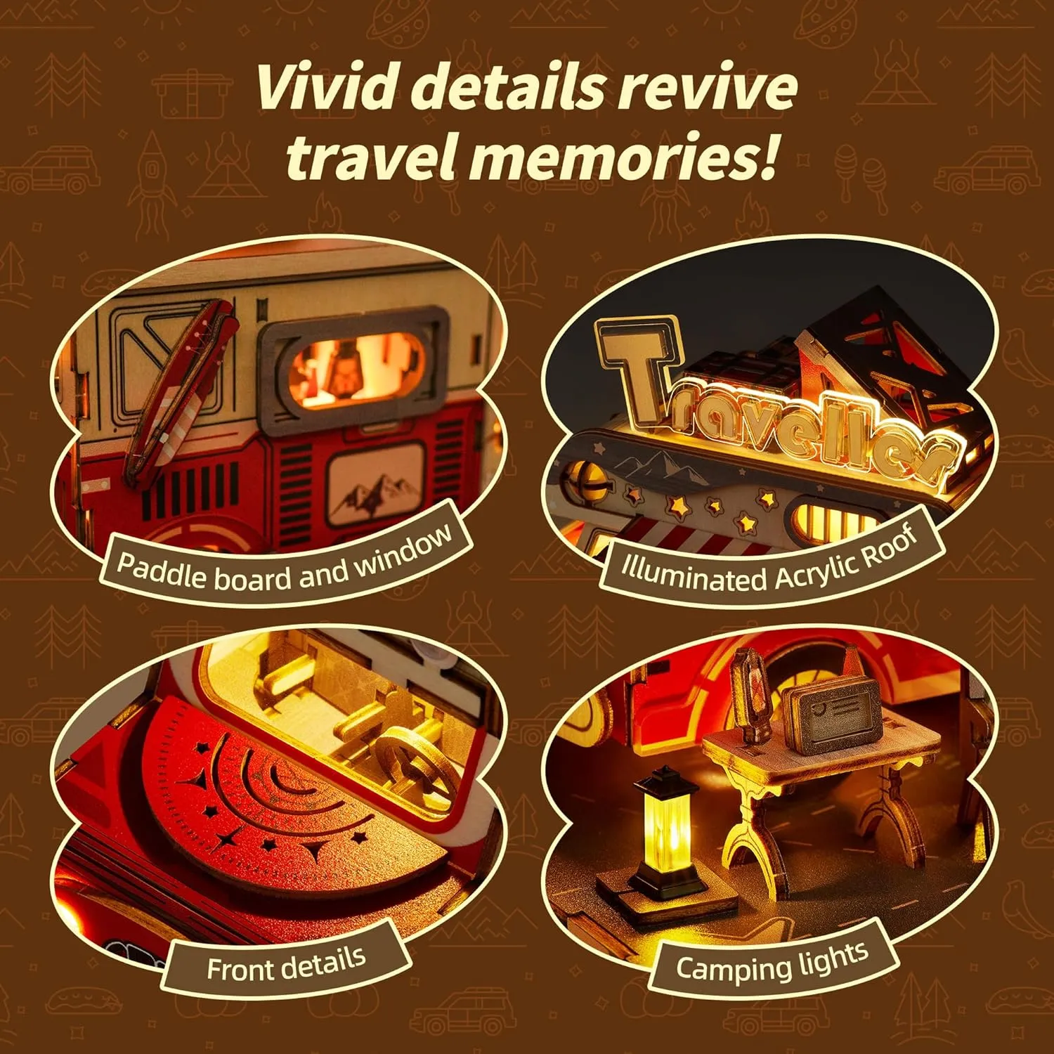 3D Wood Puzzle Travel Truck Model - DIY Miniature Adventure Truck Kit with LED Lights - Creative Gift for Kids and Adults(Travel Truck)