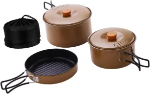 3X Camping Cooking Set Stainless Steel Pots and Pans Outdoor Cook Gear with Storage Bag for BBQ Backpacking, Khaki