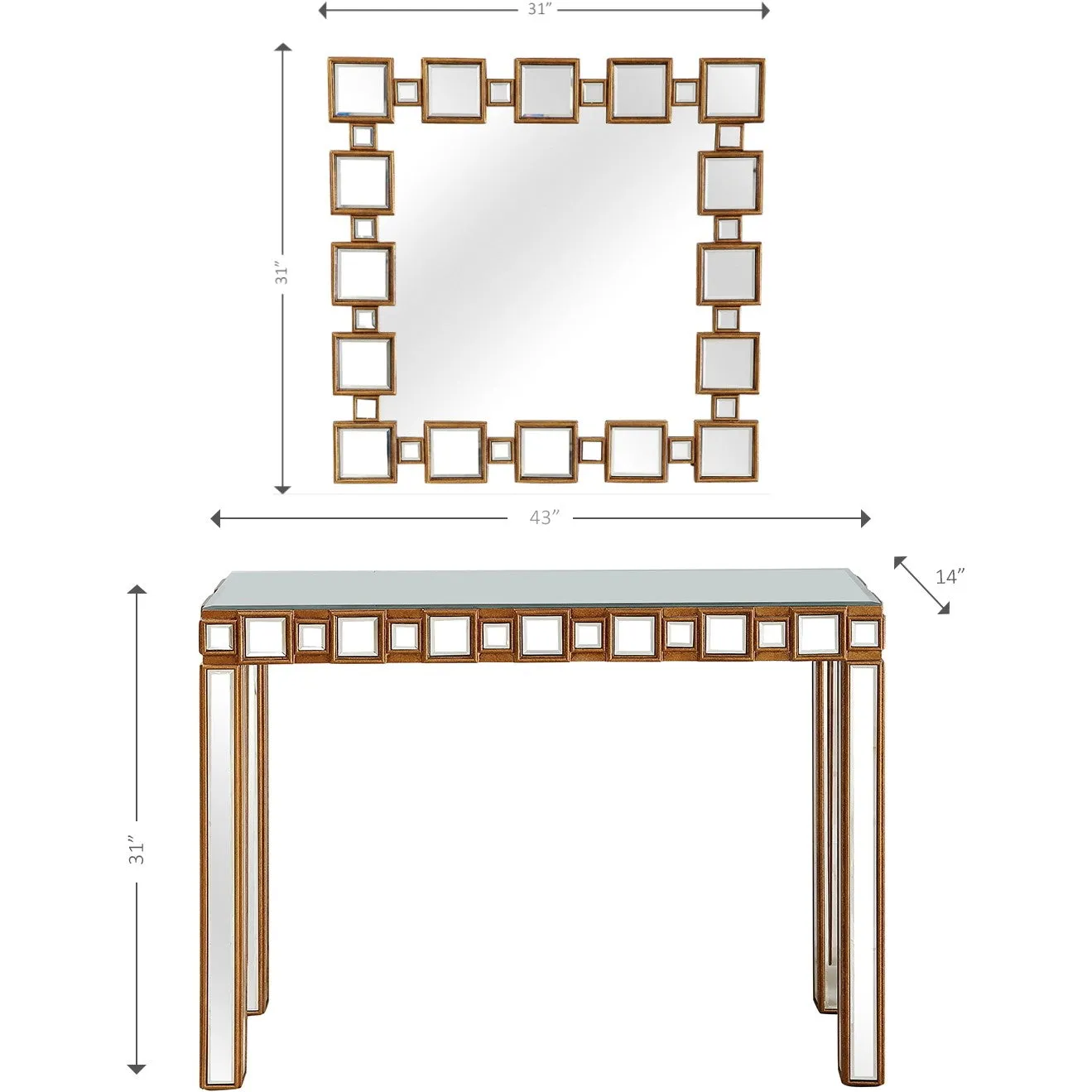 43" Gold And Silver Mirrored Glass Console Table