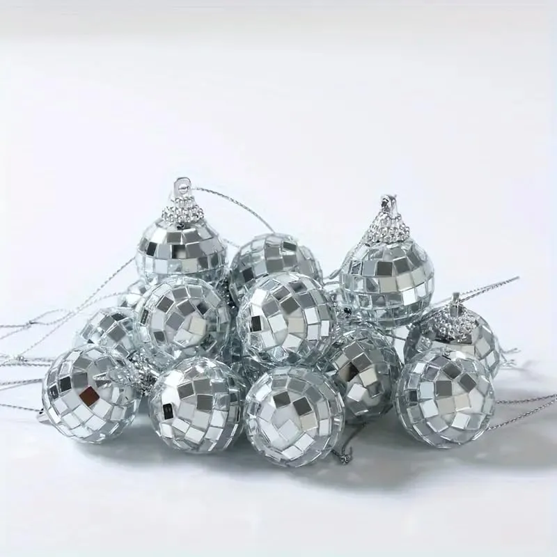 4CM 12 PCS Mirror Disco 4D Christmas Ball Silver Christmas Tree Hanging Ornaments for Wedding Party Dance Music Festival Home Decorat