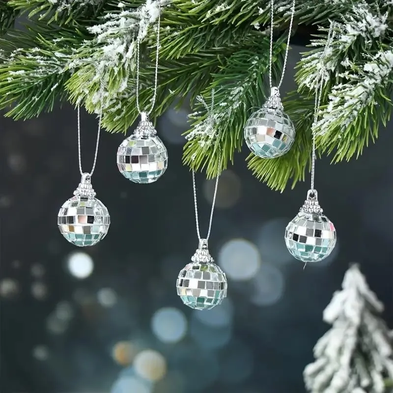 4CM 12 PCS Mirror Disco 4D Christmas Ball Silver Christmas Tree Hanging Ornaments for Wedding Party Dance Music Festival Home Decorat