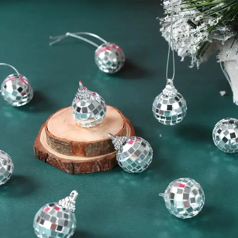 4CM 12 PCS Mirror Disco 4D Christmas Ball Silver Christmas Tree Hanging Ornaments for Wedding Party Dance Music Festival Home Decorat